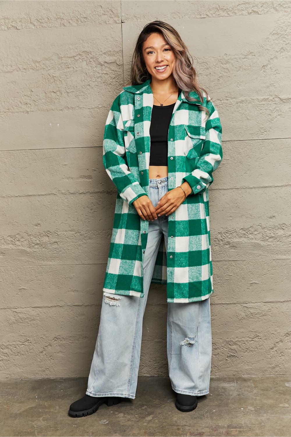 plaid longline shirt jacket