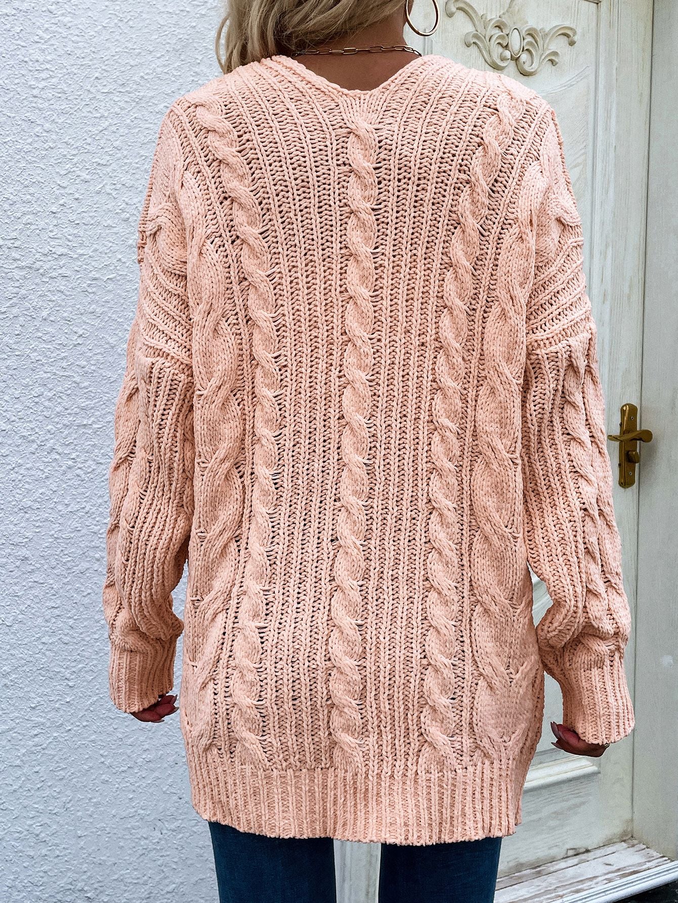 woven right cable-knit open front cardigan with front pockets