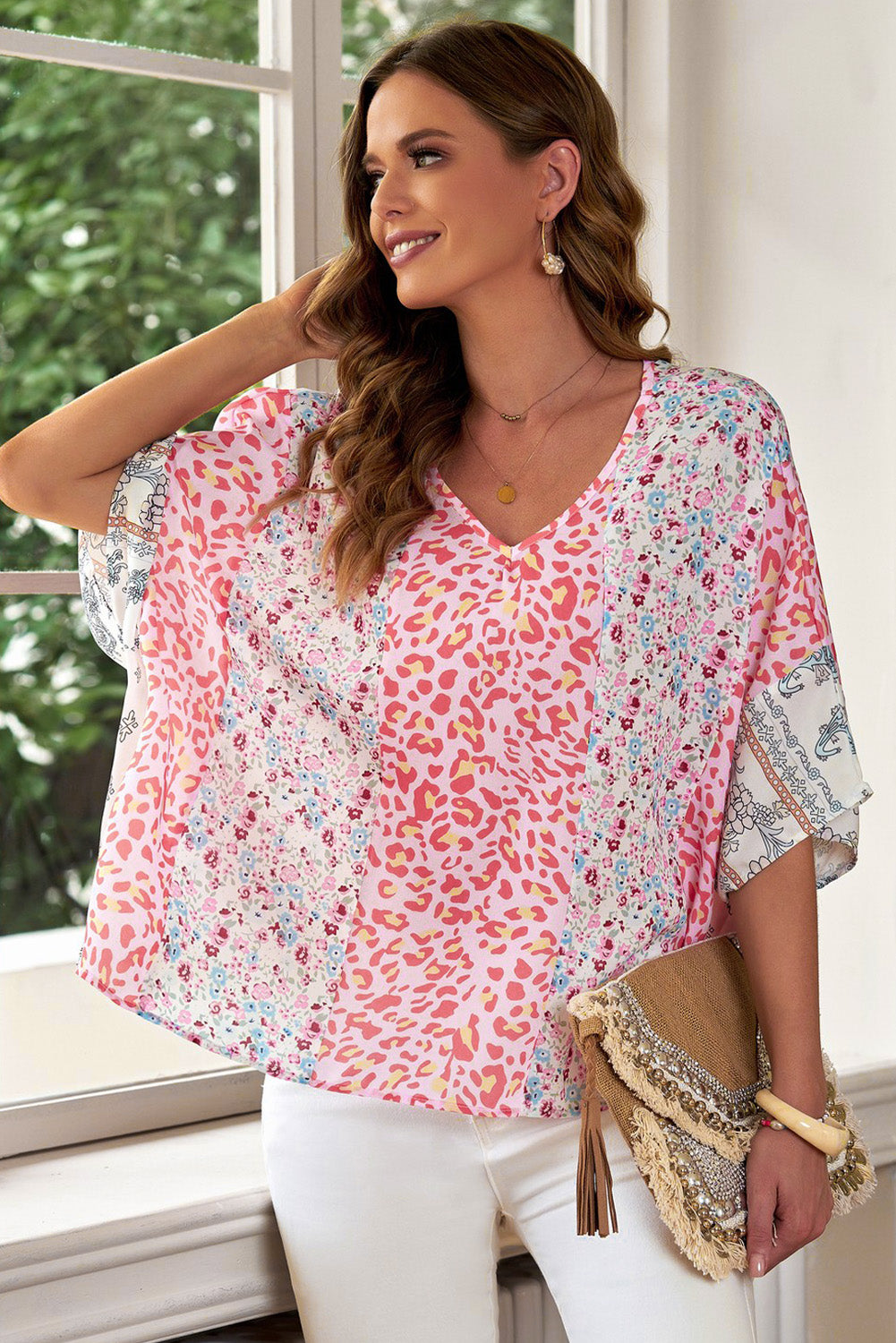 mixed print v-neck blouse