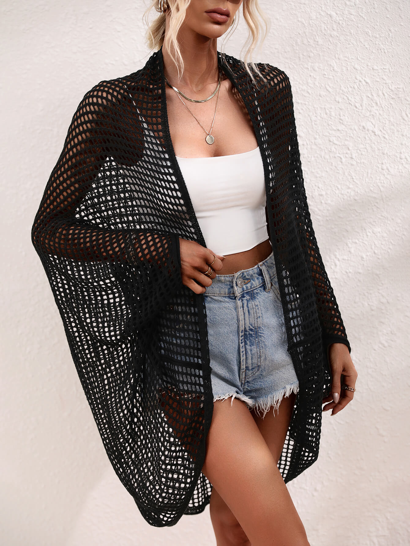 openwork open front longline cover up