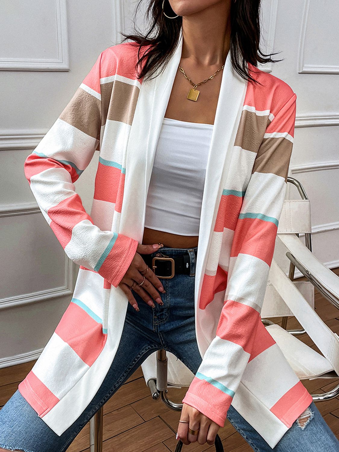 striped open front longline cardigan