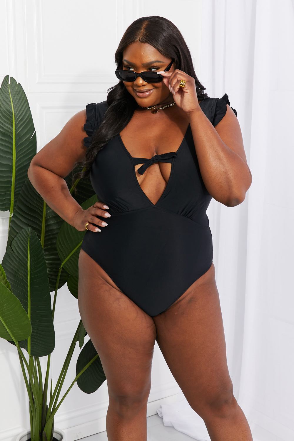 marina west swim seashell ruffle sleeve one-piece in black
