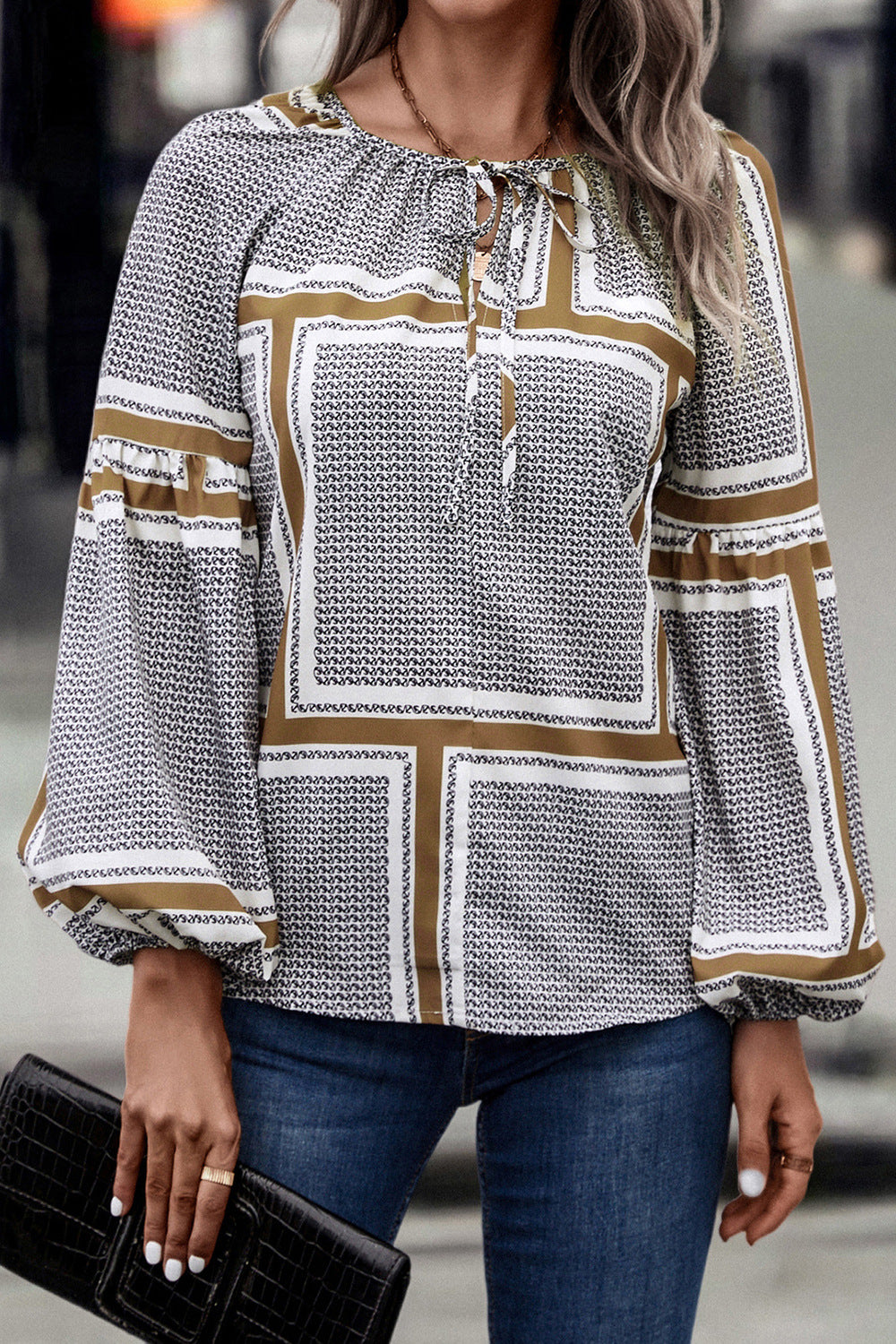 printed tie neck balloon sleeve blouse