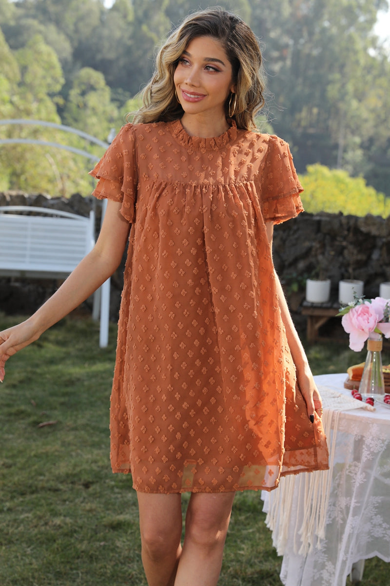 swiss dot round neck flutter sleeve dress