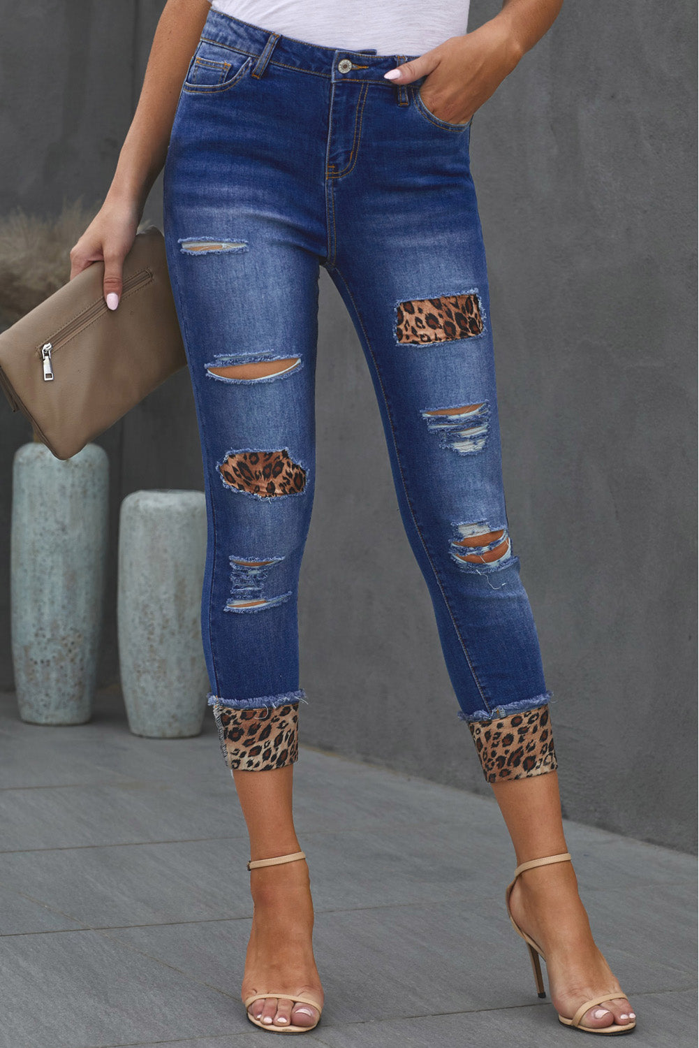 baeful leopard patch distressed cropped jeans