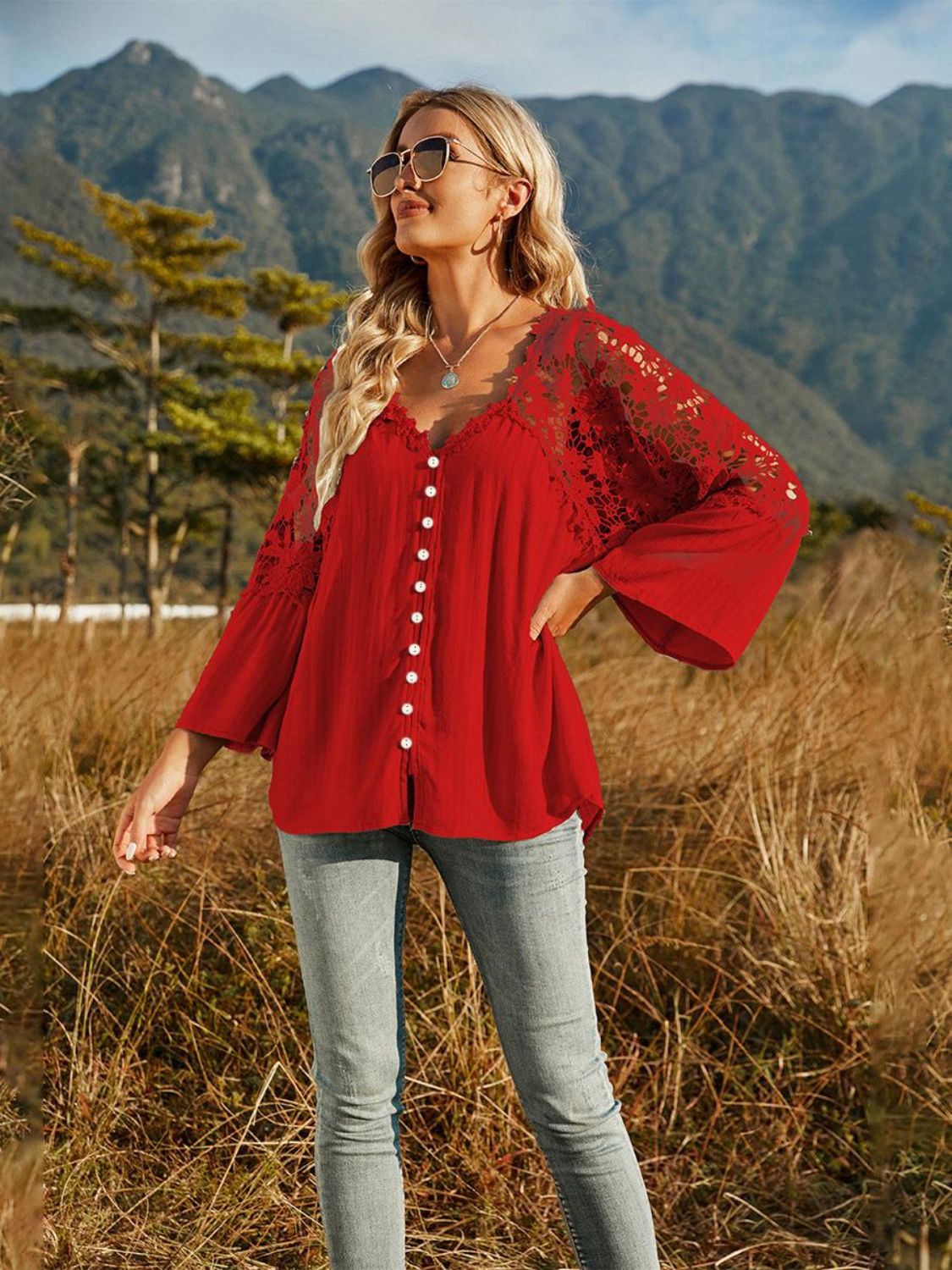 spliced lace buttoned blouse