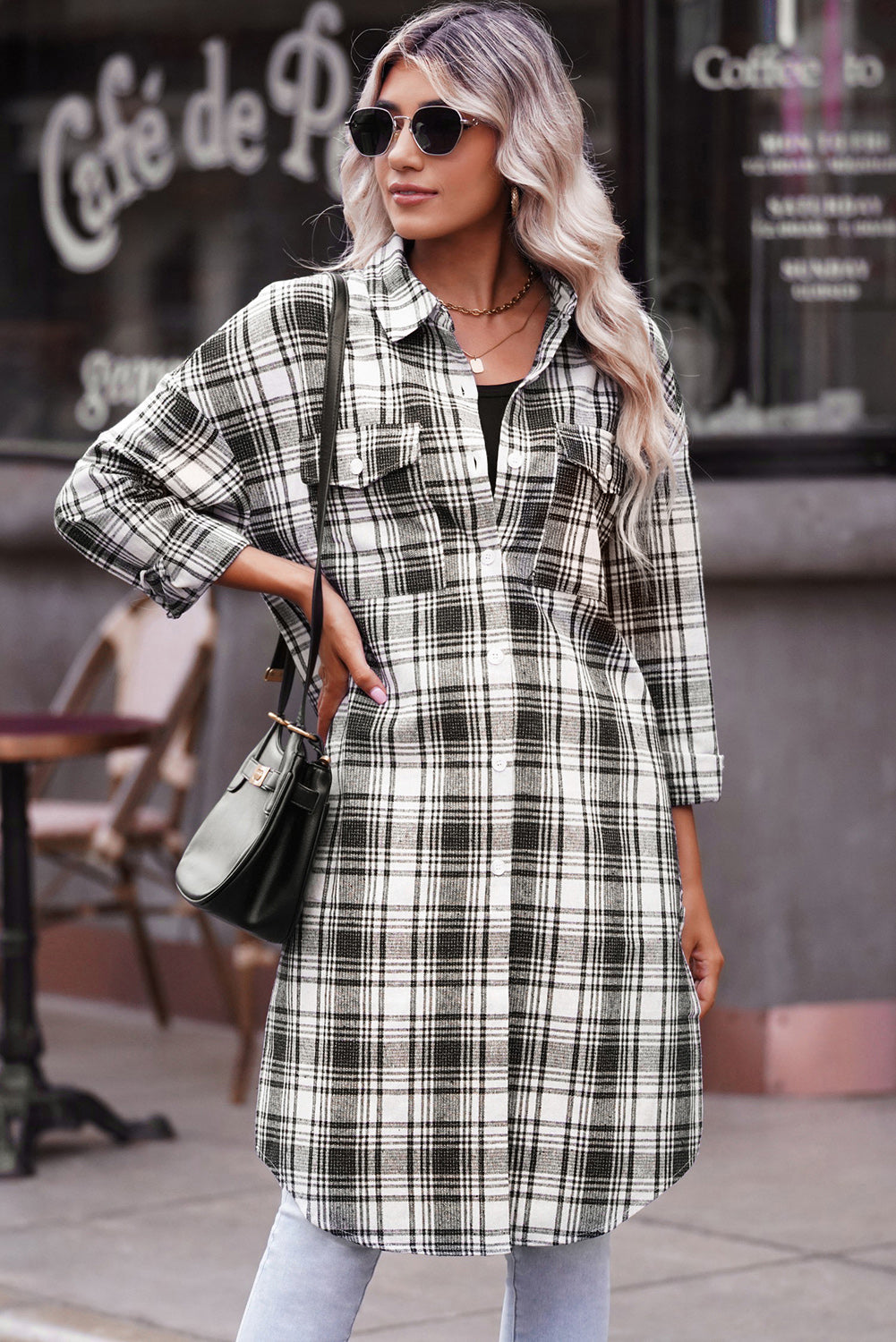 double take plaid button-up longline shacket with breast pockets