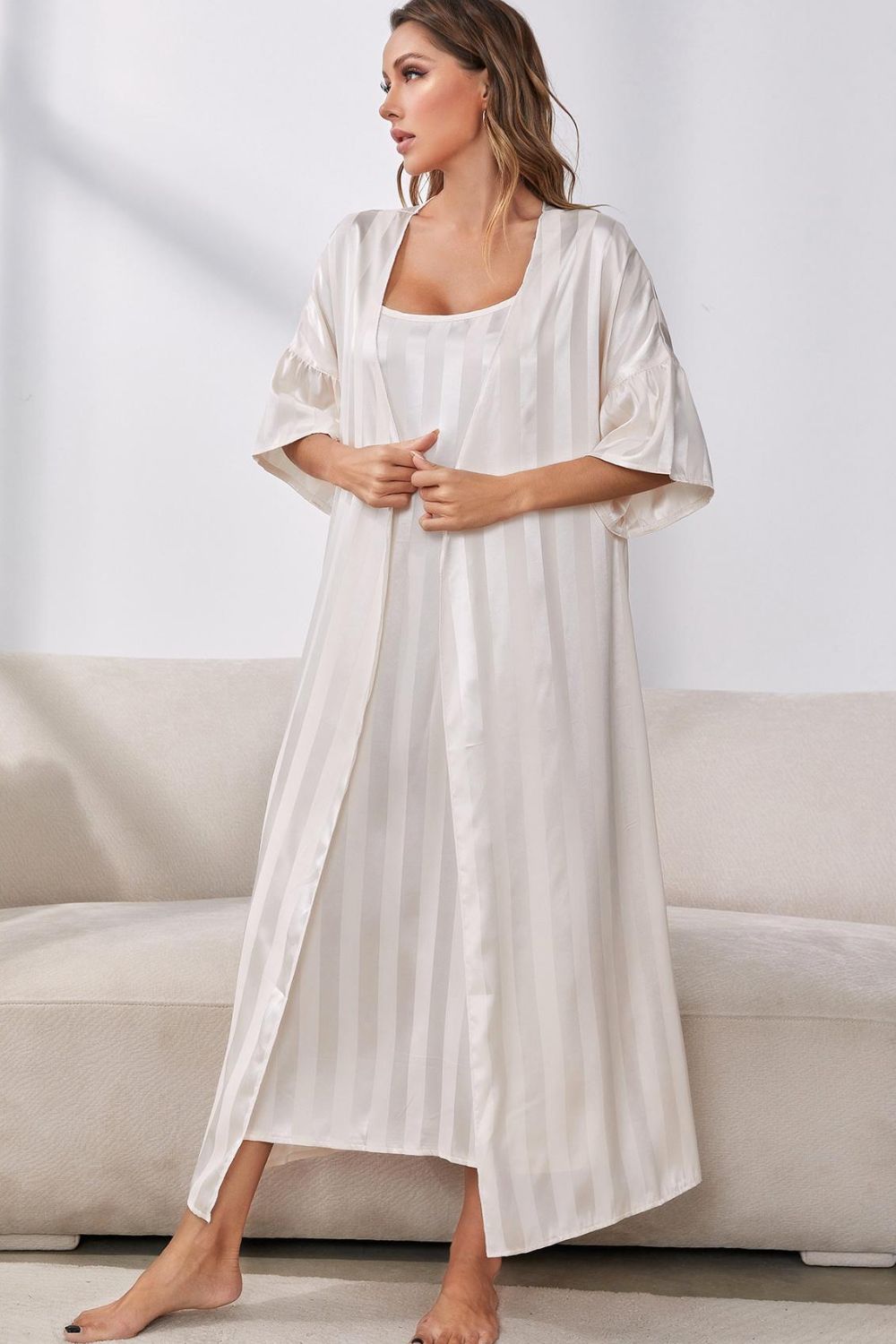 striped flounce sleeve open front robe and cami dress set