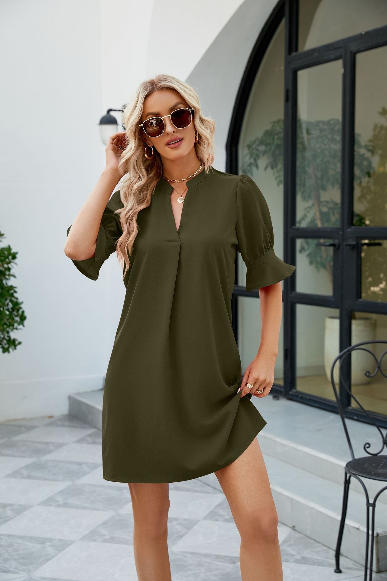 notched neck flounce sleeve mini dress