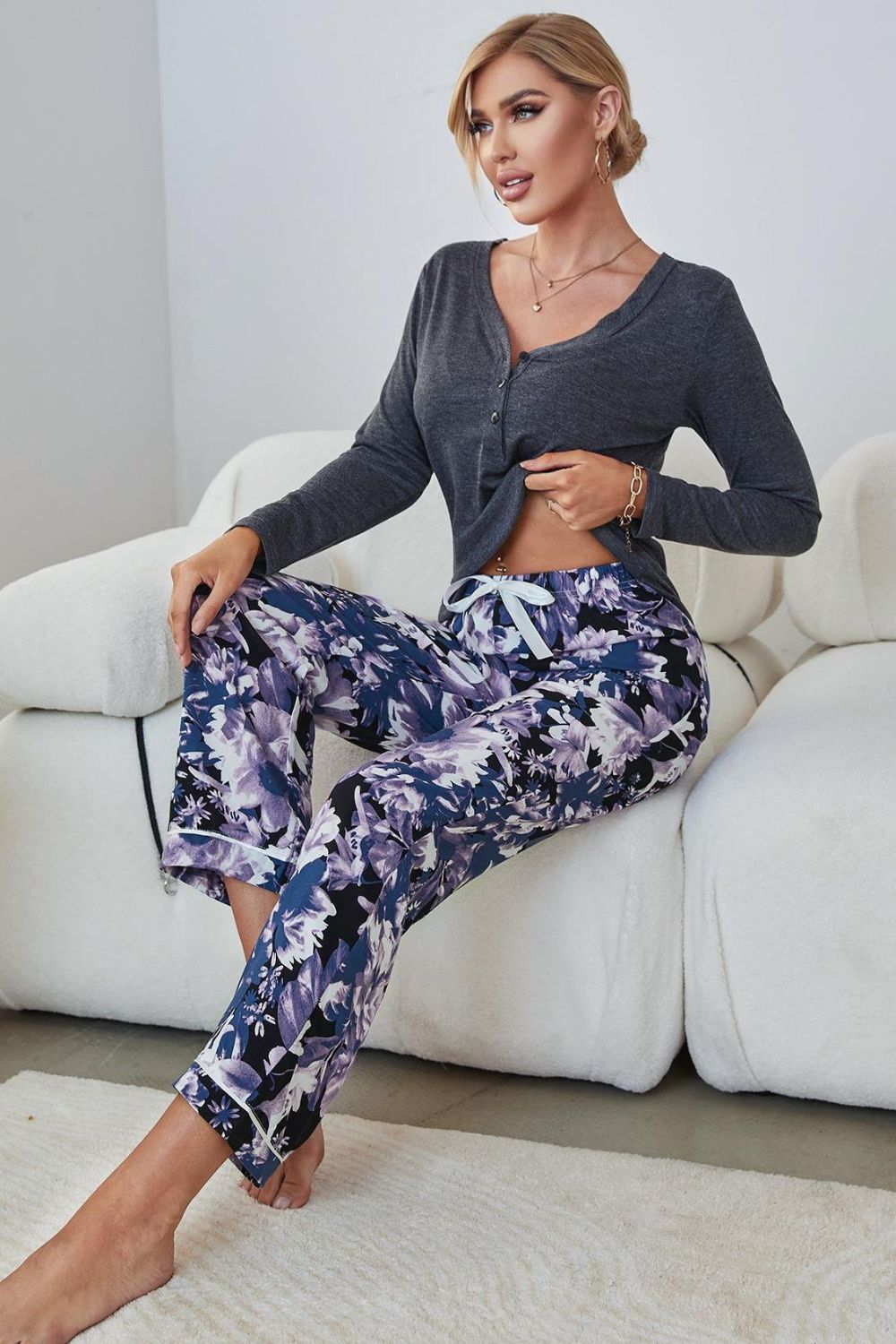 v-neck henley top and floral pants lounge set