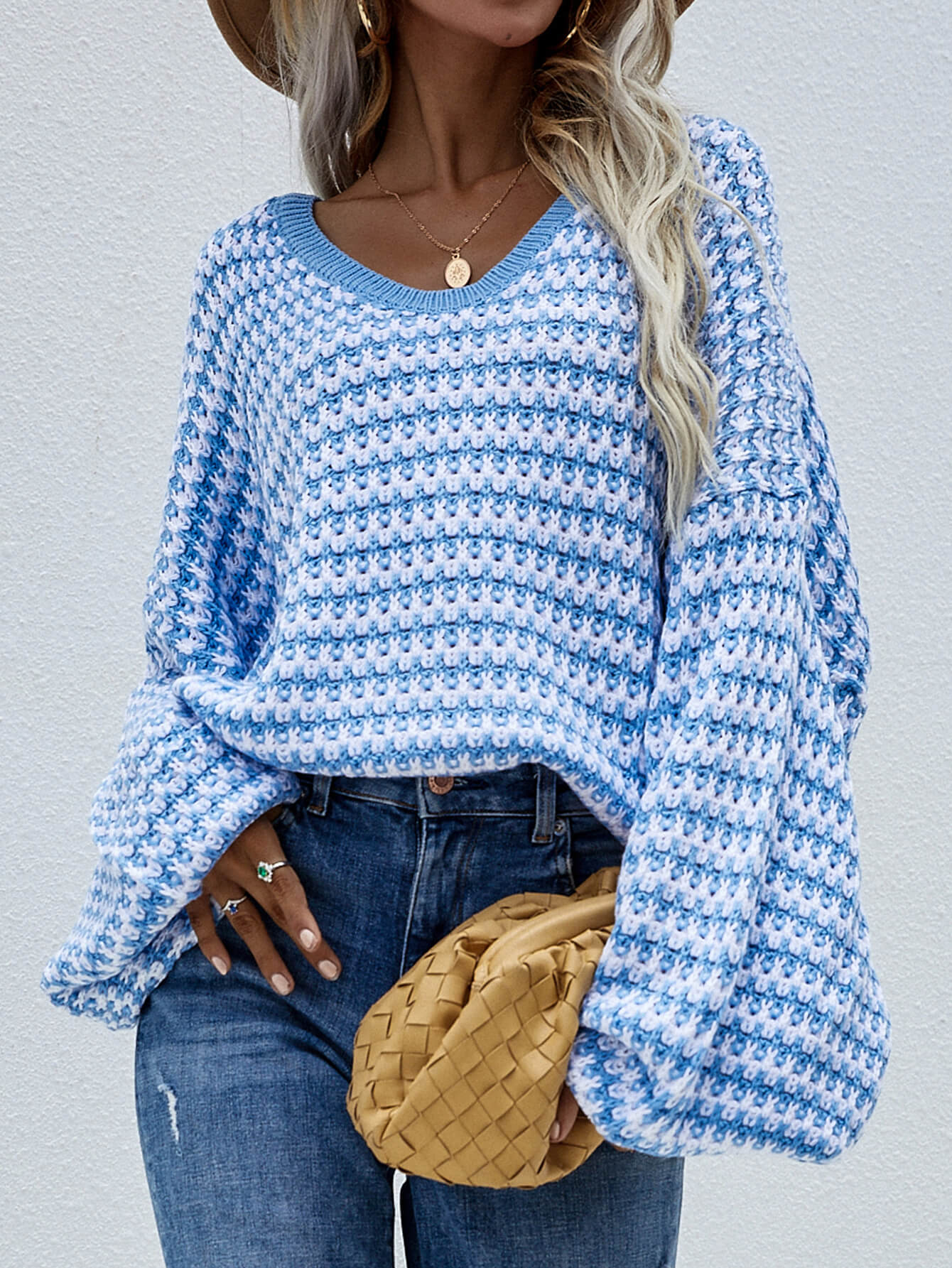 striped drop shoulder v-neck pullover sweater