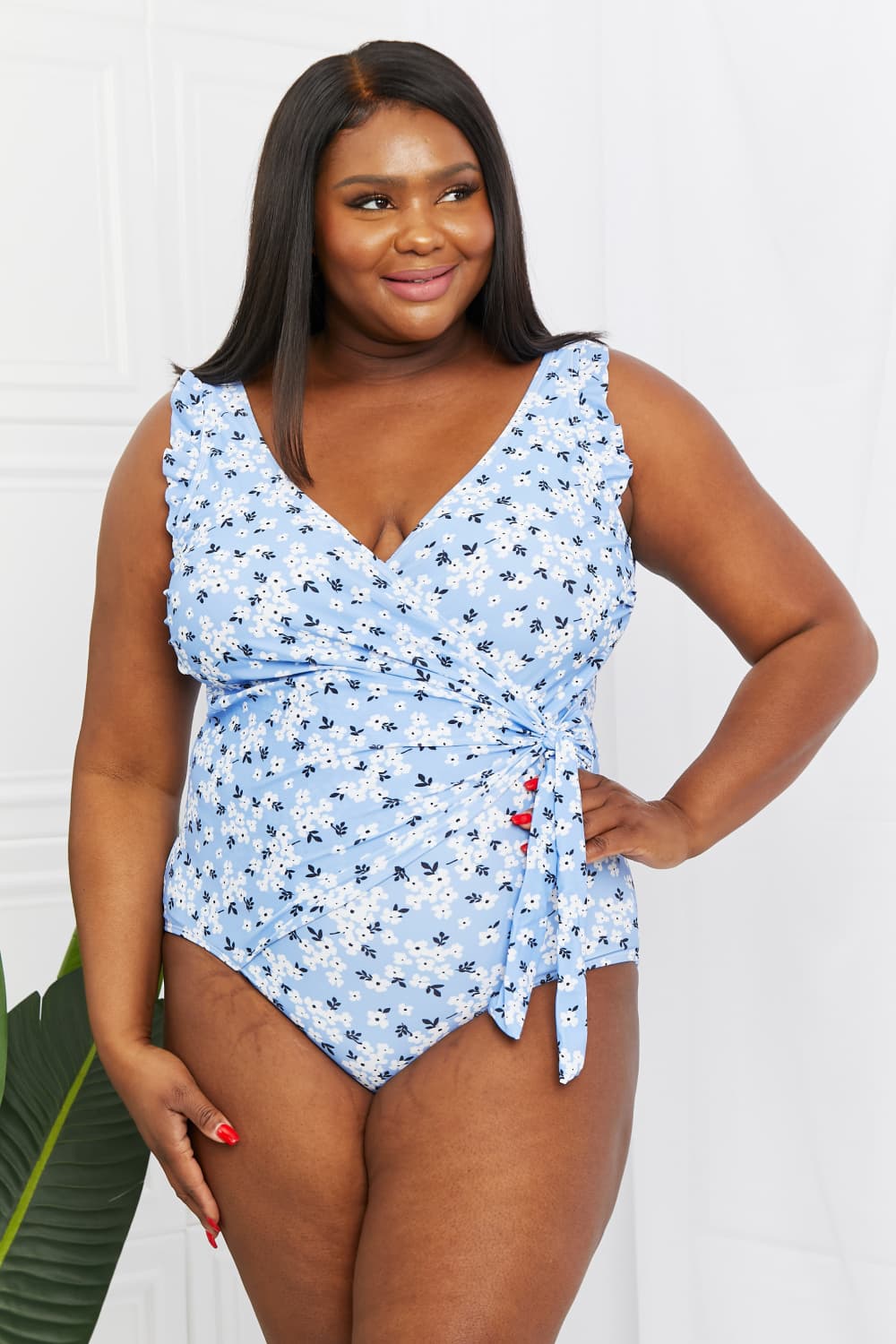 marina west swim full size float on ruffle faux wrap one-piece in blossom blue