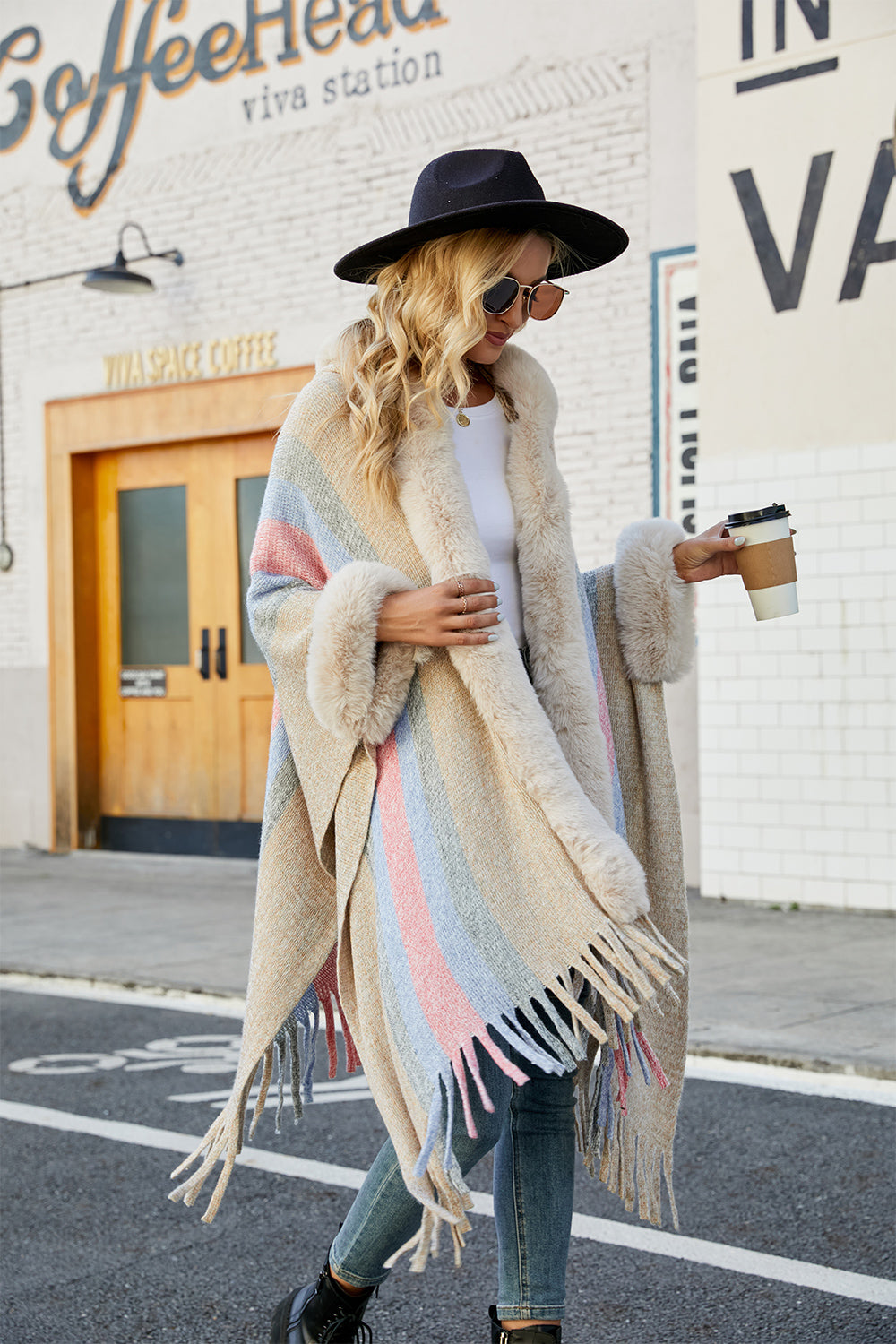 color block fringe detail poncho