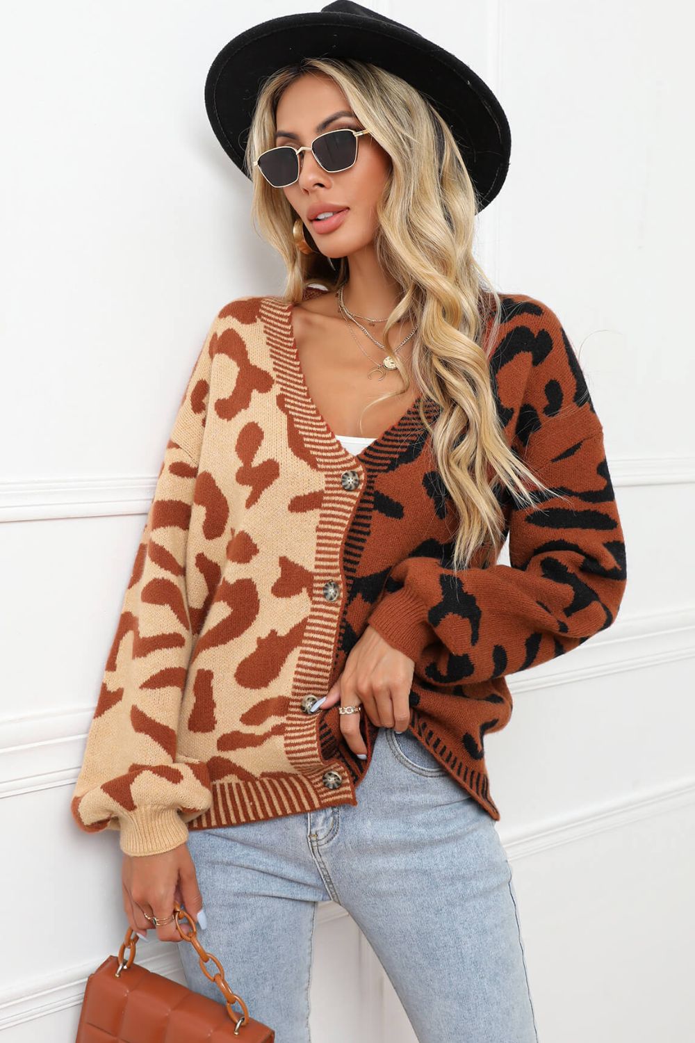 leopard button front ribbed trim cardigan