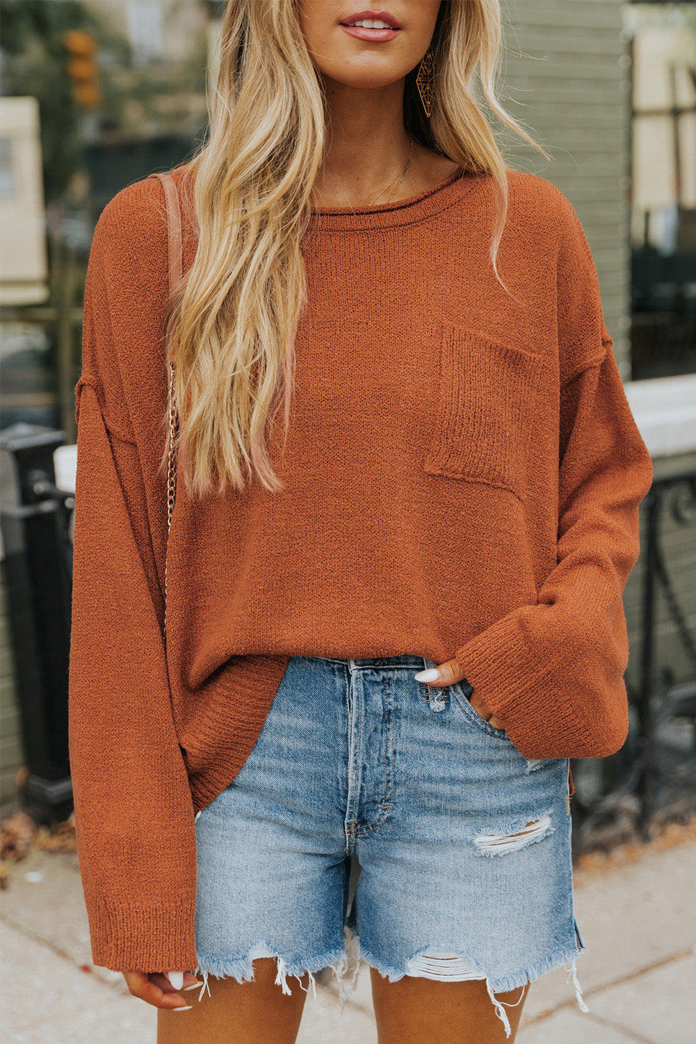 exposed seam round neck knit top