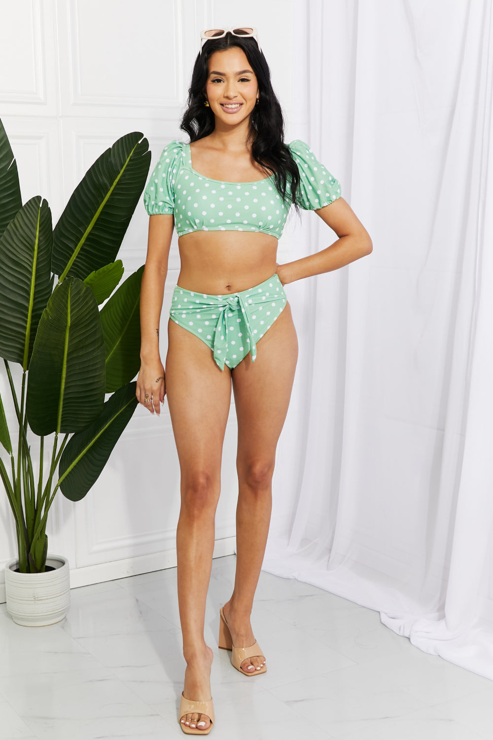 marina west swim vacay ready puff sleeve bikini in gum leaf