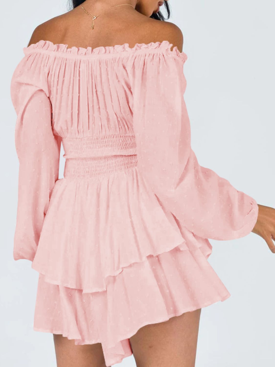 off shoulder smocked waist romper