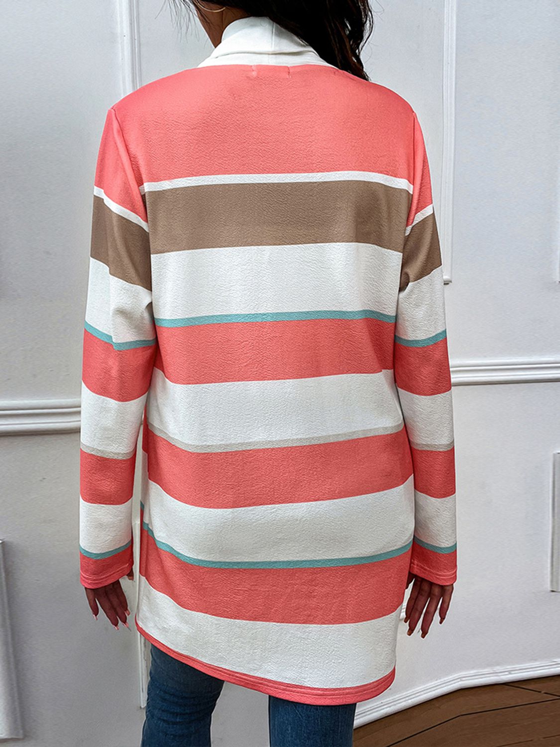 striped open front longline cardigan