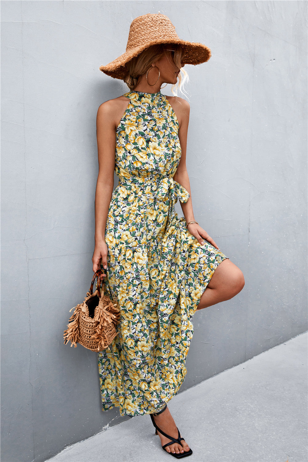 printed sleeveless tie waist maxi dress