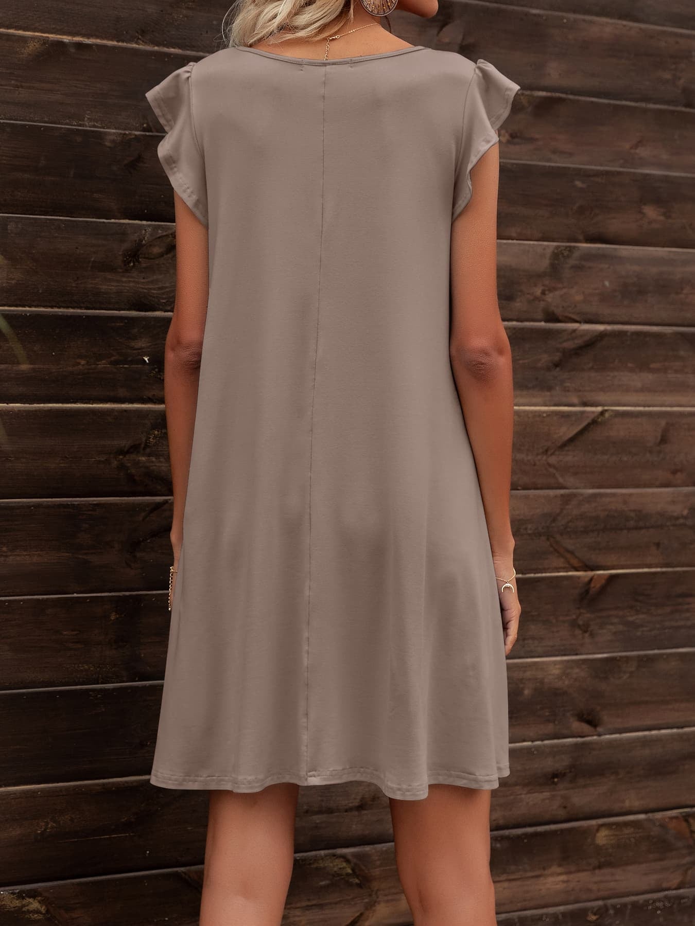 round neck flutter sleeve dress with pockets