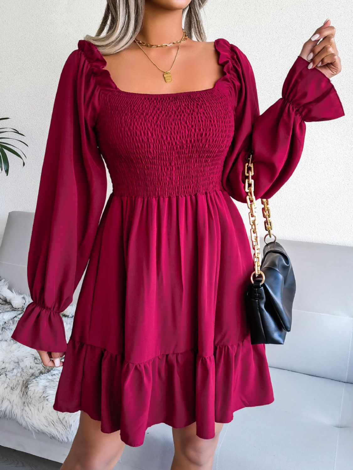 smocked flounce sleeve square neck dress