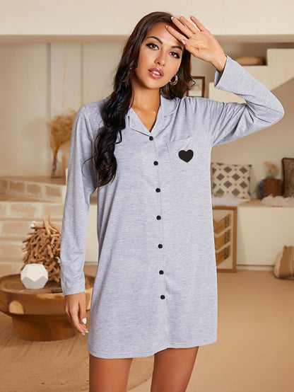 Heart Graphic Lapel Collar Long Sleeve Night Dress