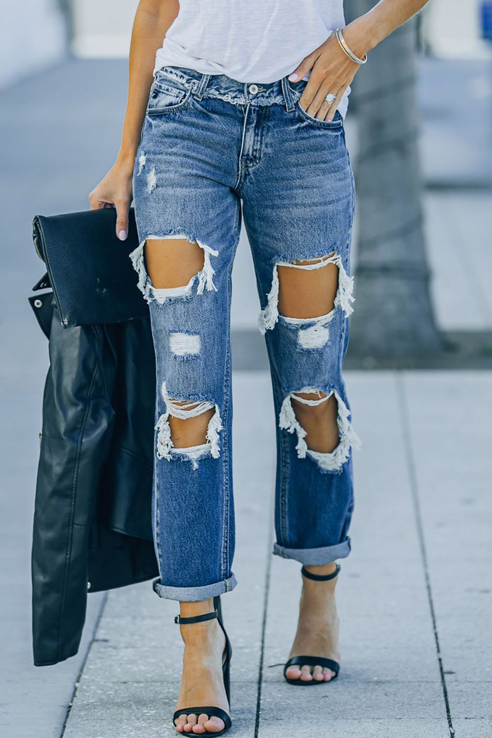 distressed frayed trim straight leg jeans