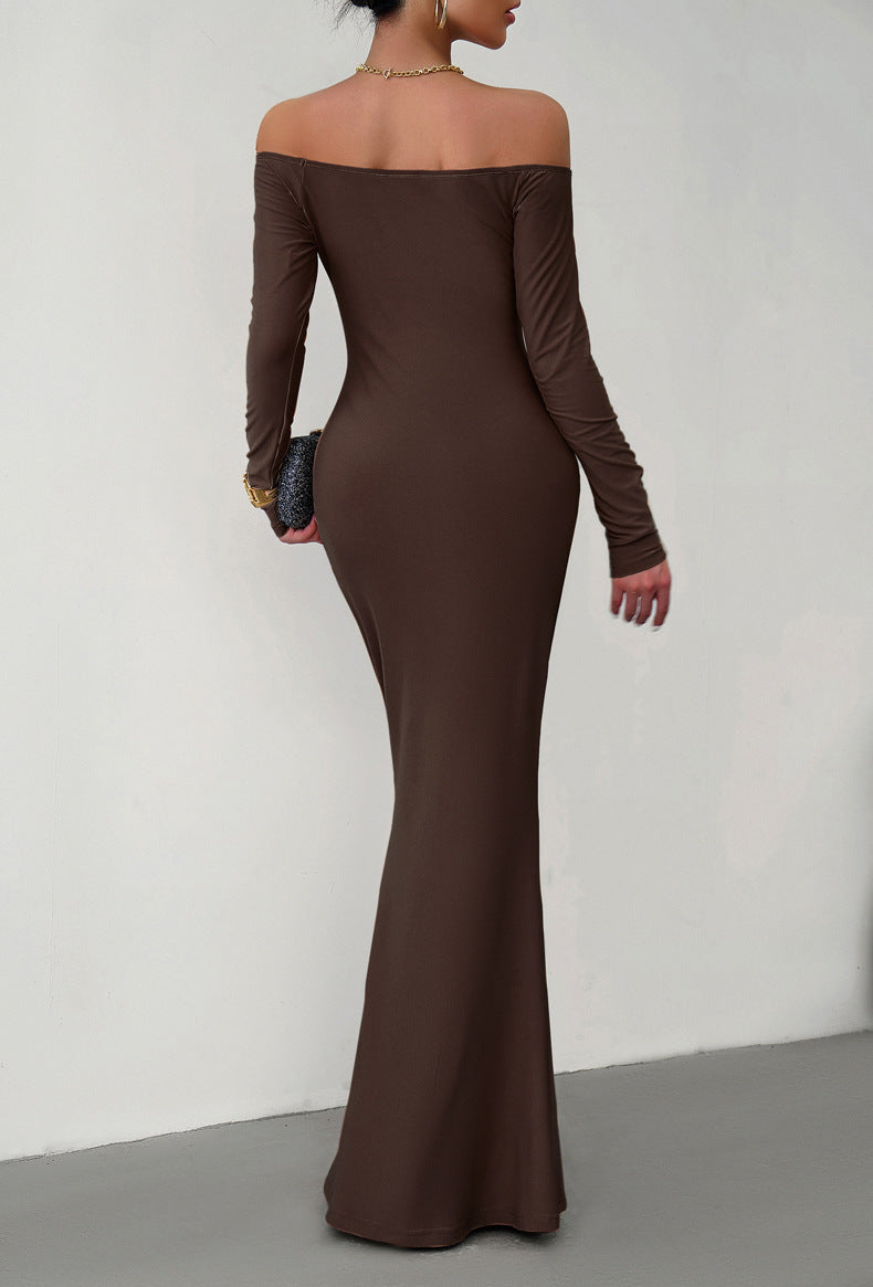 off-shoulder long sleeve maxi dress