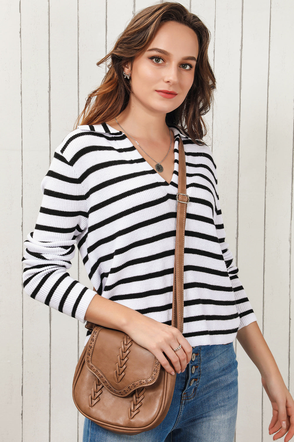 double take striped johnny collar long sleeve knit top
