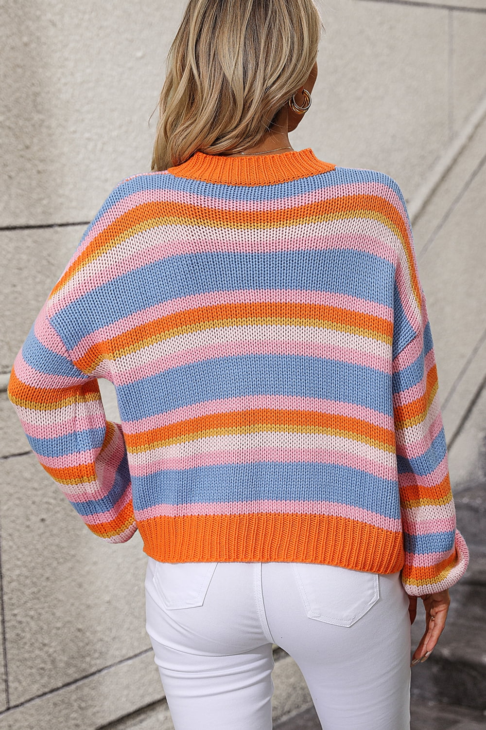 striped round neck dropped shoulder sweater