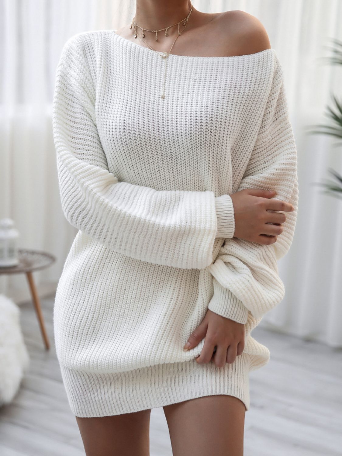 rib-knit balloon sleeve boat neck sweater dress