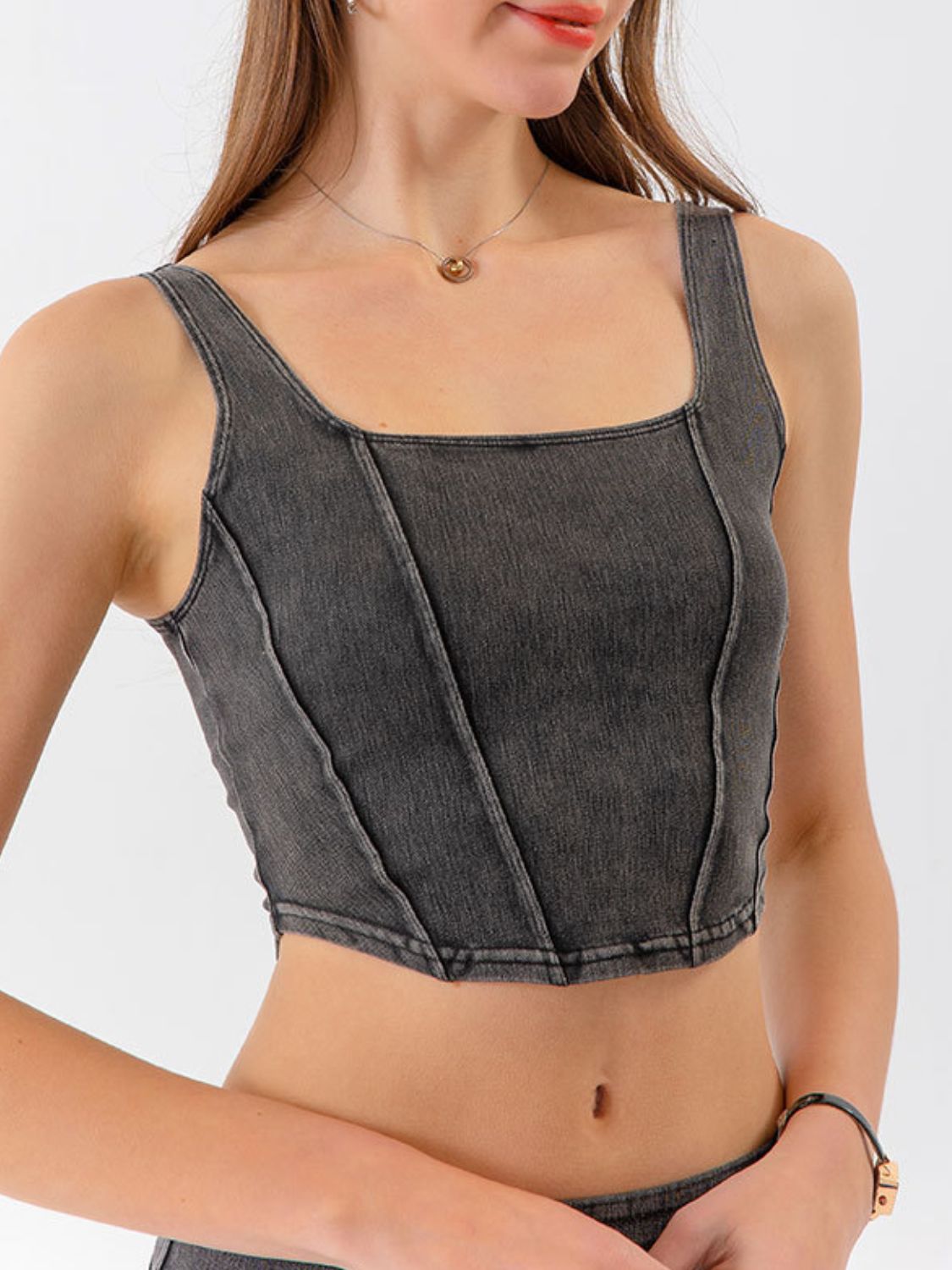 seam detail cropped denim tank