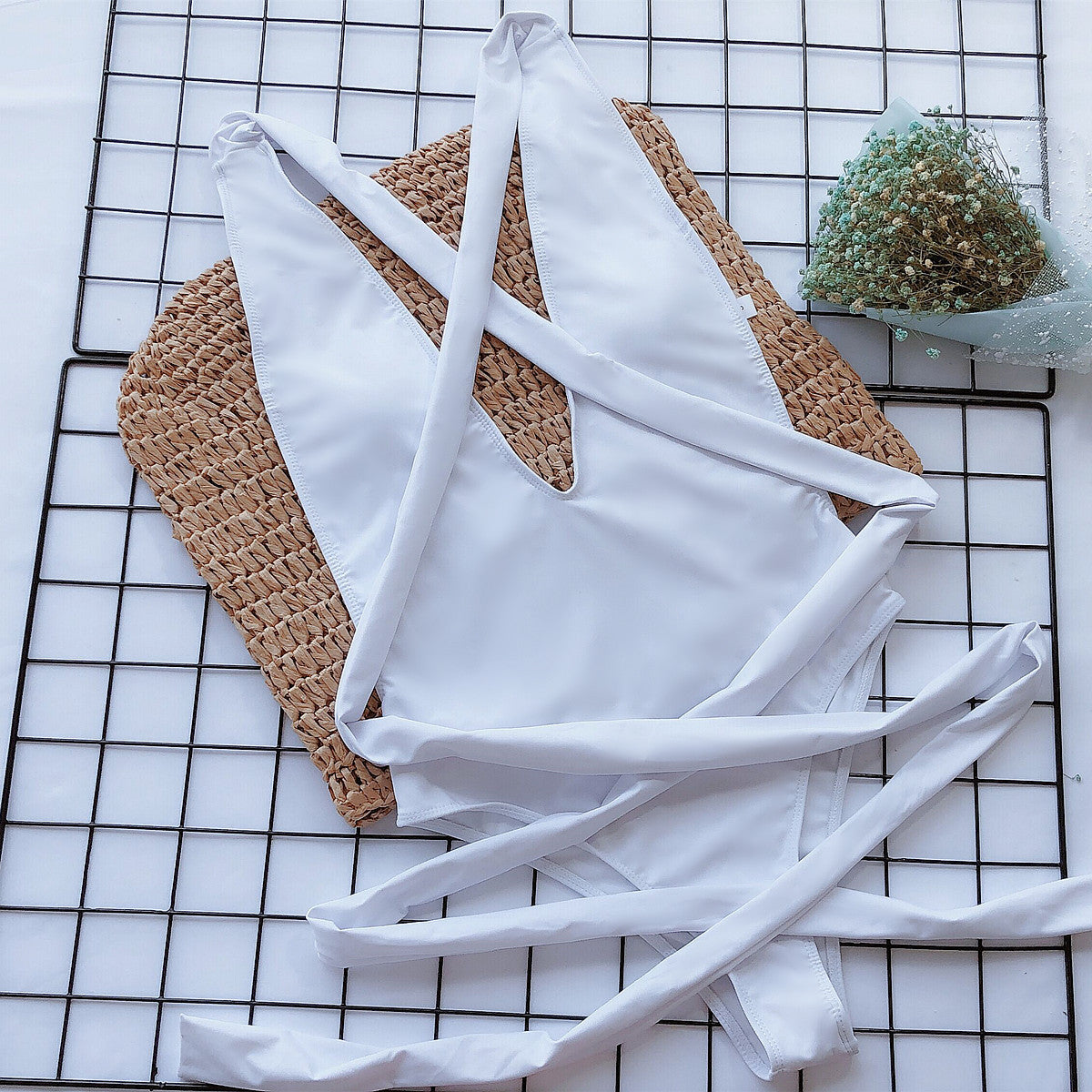 halter neck deep v tied one-piece swimsuit