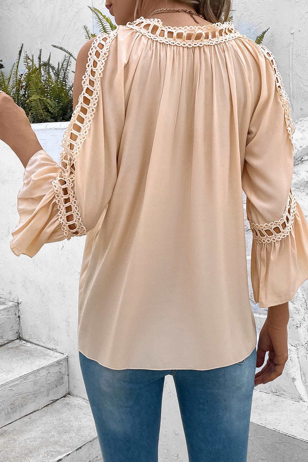 cutout long sleeve round neck blouse