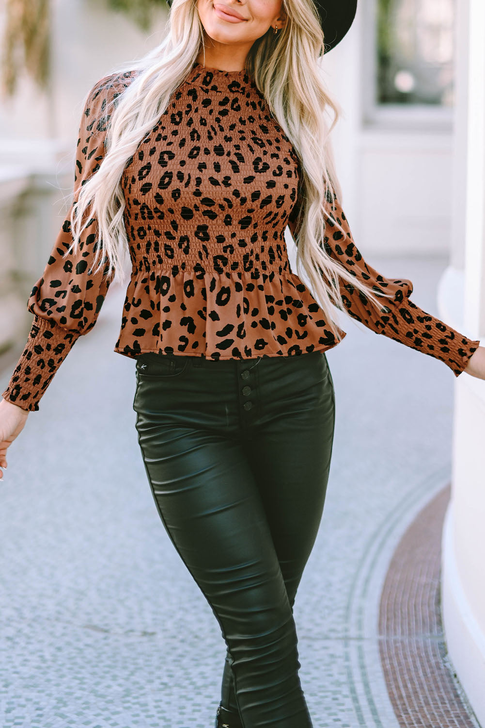 leopard smocked peplum top