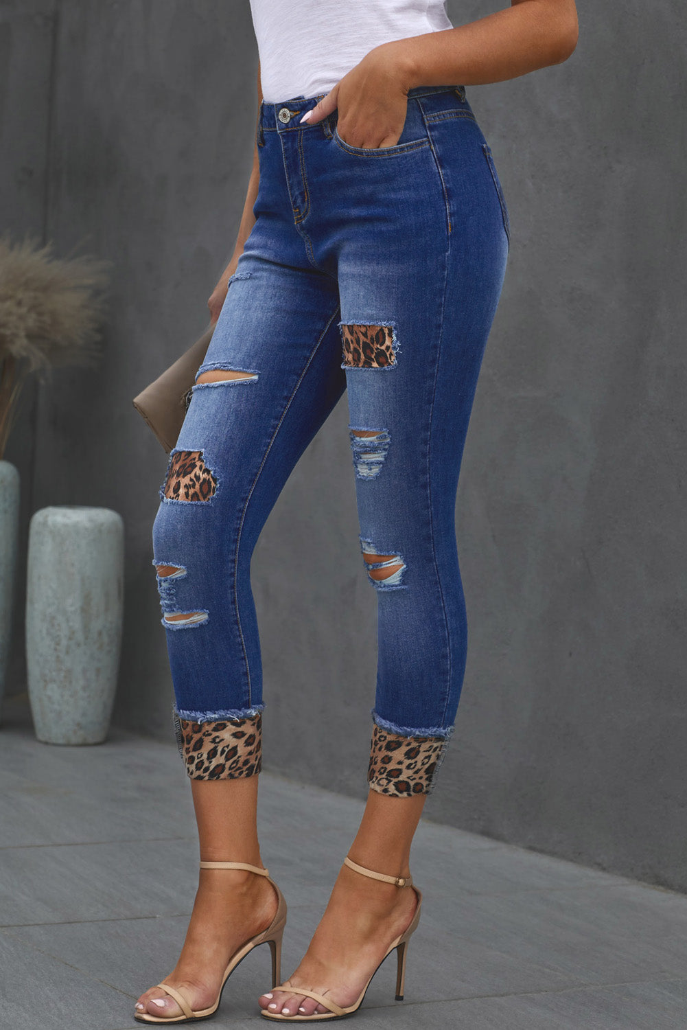 baeful leopard patch distressed cropped jeans