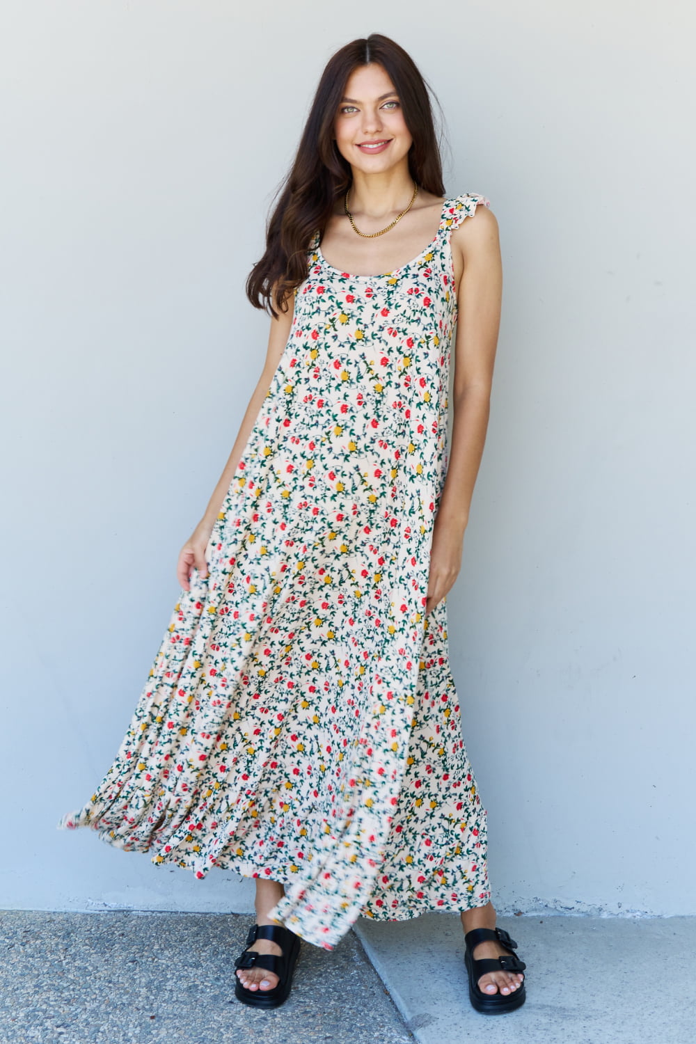 doublju in the garden ruffle floral maxi dress in natural rose