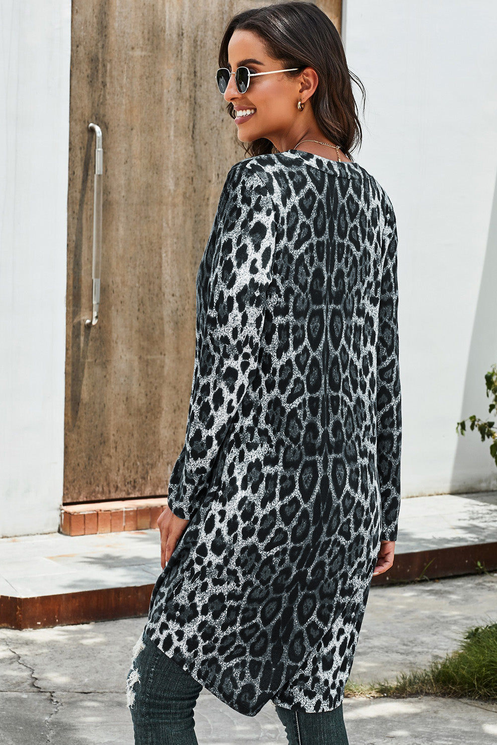 double take printed open front longline cardigan