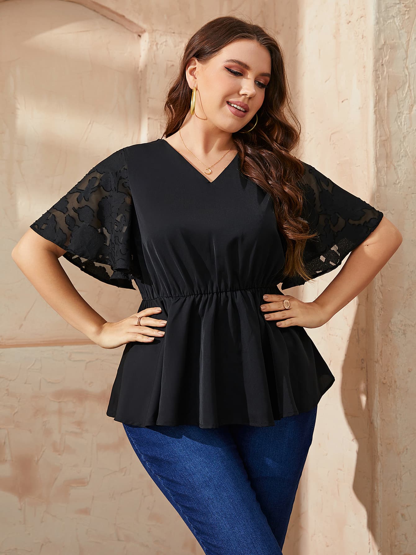 plus size v-neck flutter sleeve babydoll blouse