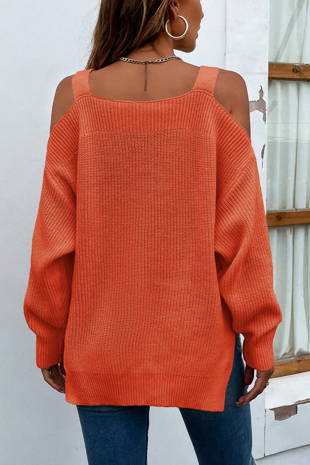 ribbed cold shoulder long sleeve knit top