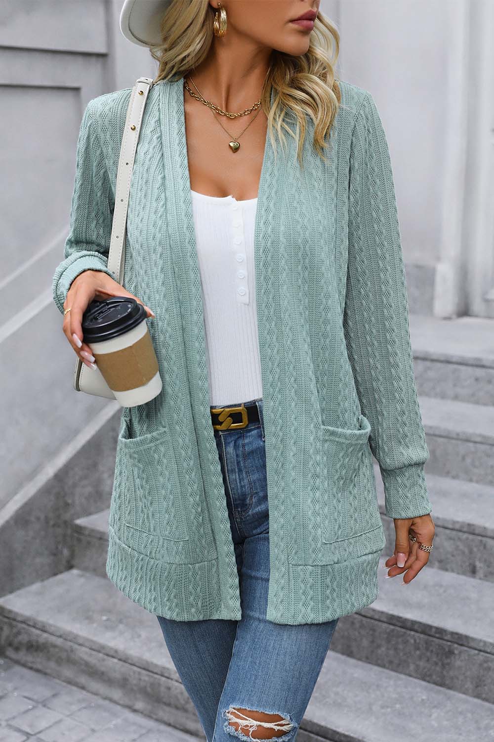 cable-knit long sleeve cardigan with pocket