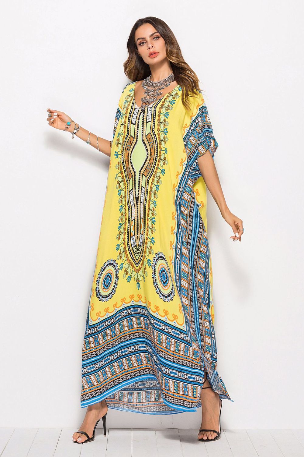 printed v-neck side slit maxi dress