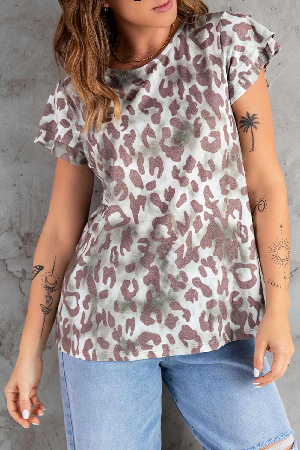 leopard layered flutter sleeve tee shirt