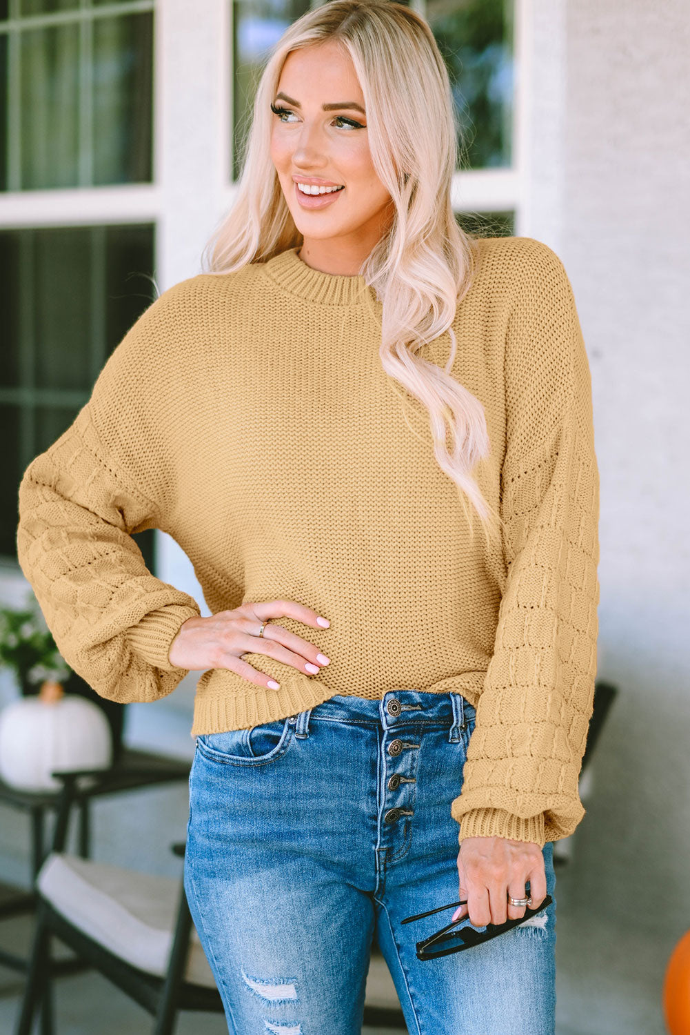 round neck dropped shoulder waffle-knit sweater