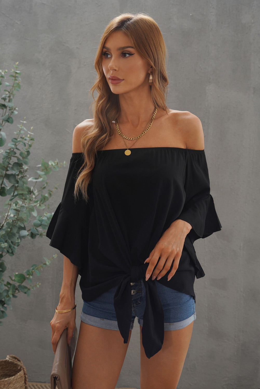 off-shoulder tie hem blouse