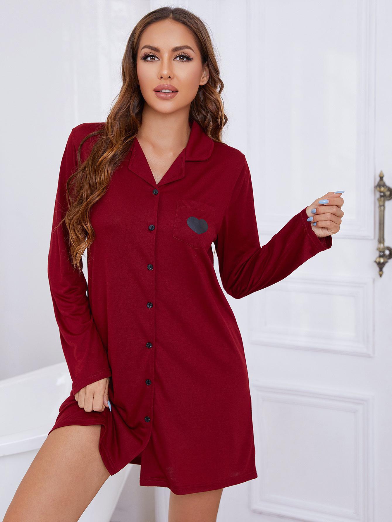 heart graphic lapel collar long sleeve night dress