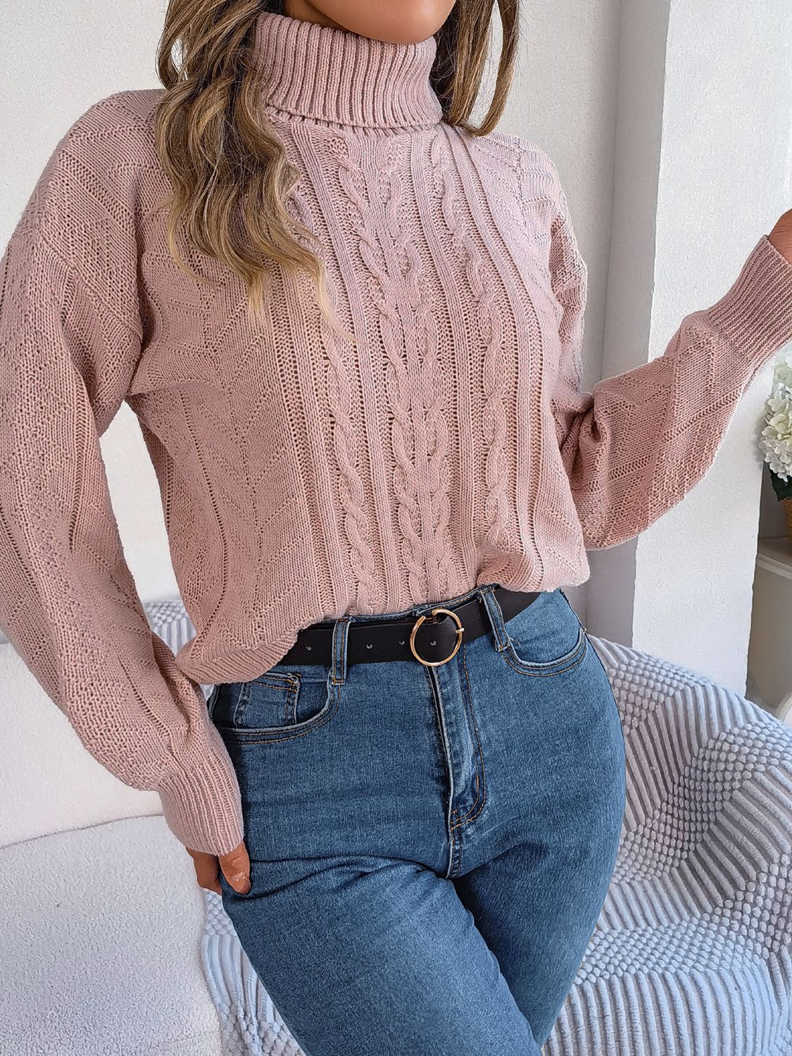 cable-knit turtleneck sweater