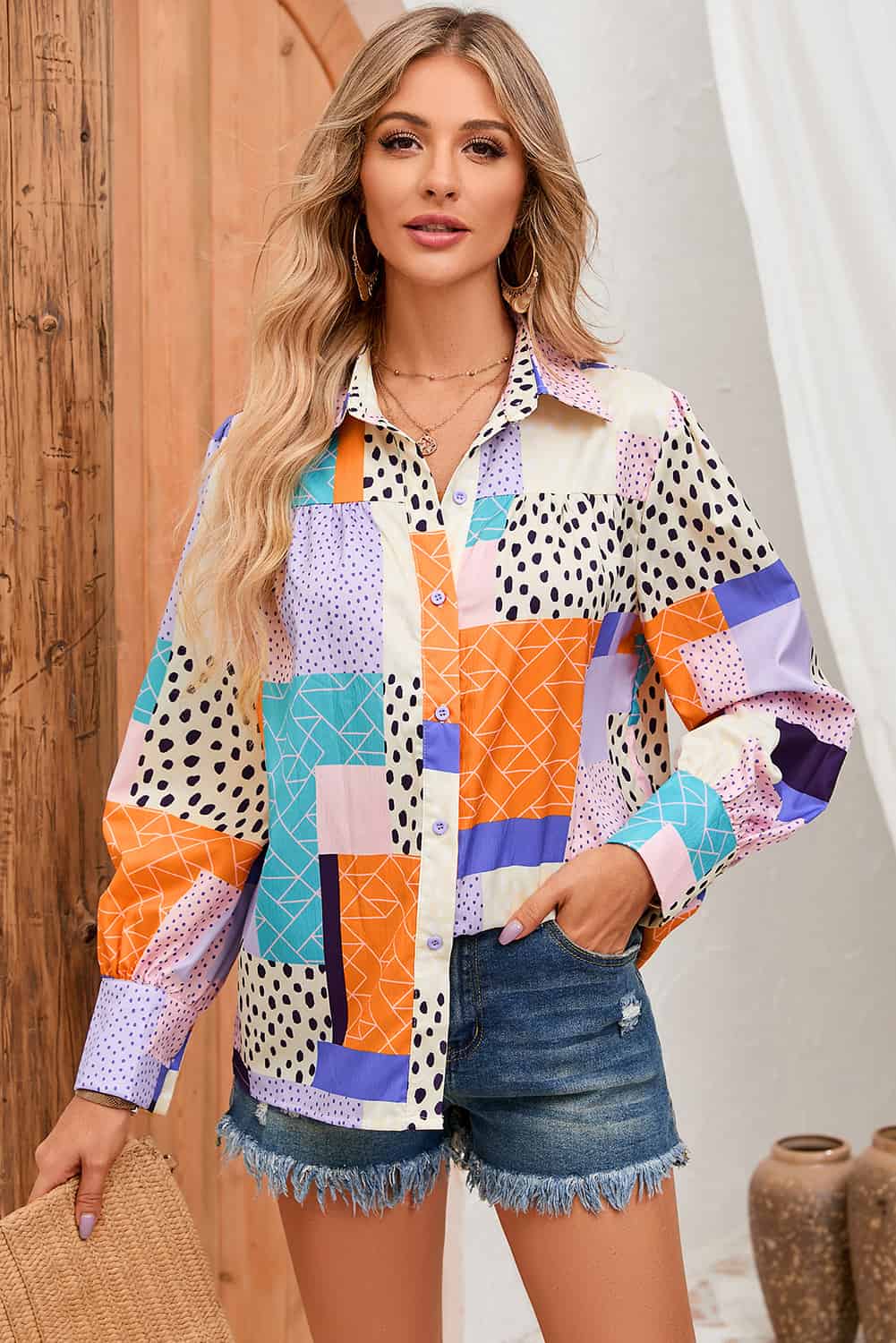 double take patchwork puff sleeve collared shirt