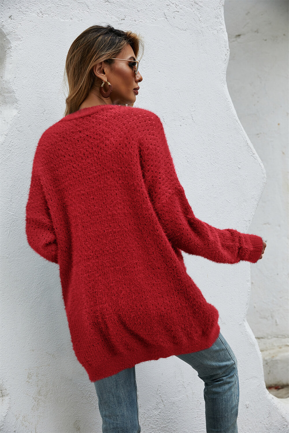 open front openwork fuzzy cardigan with pockets