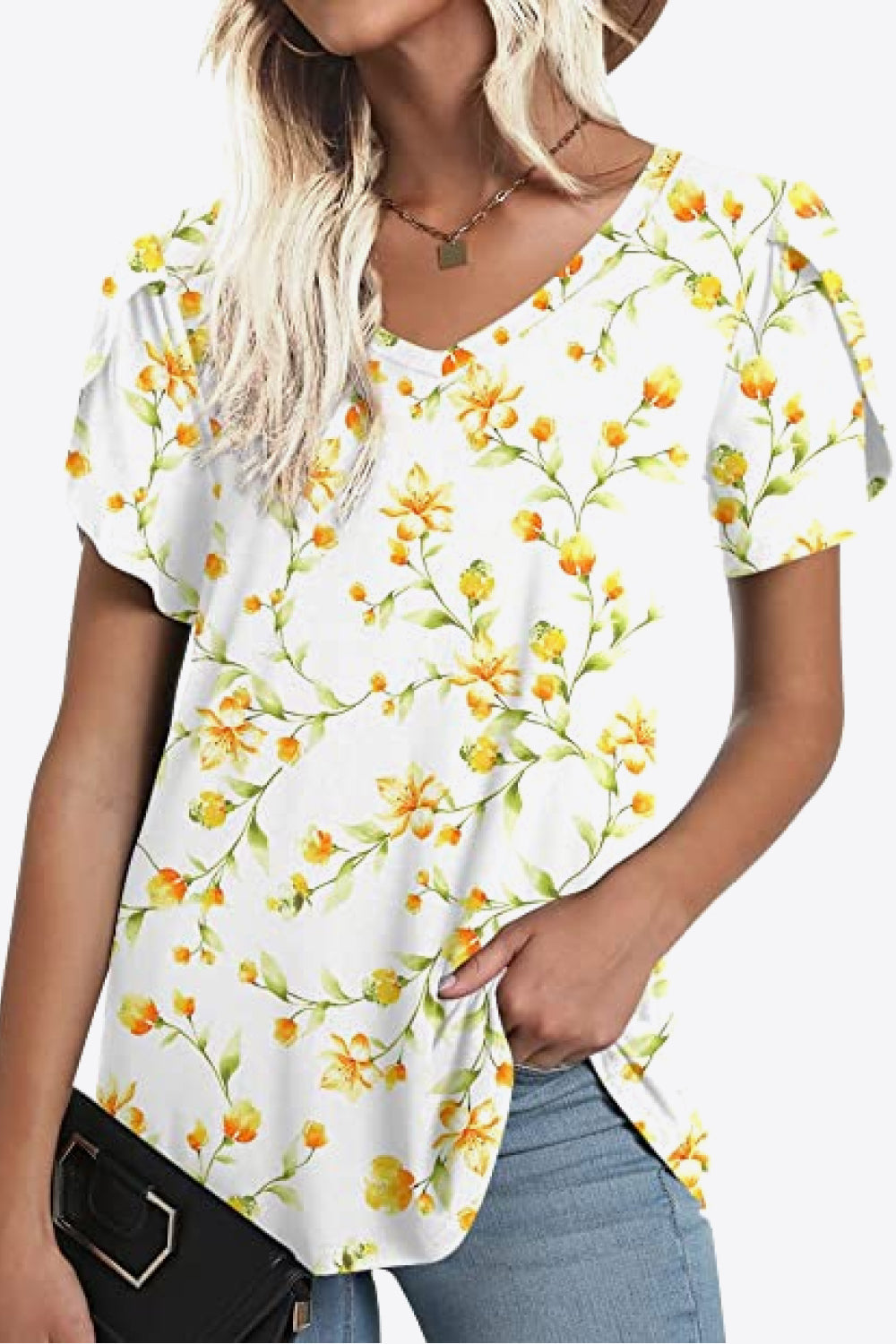 printed petal sleeve v-neck blouse